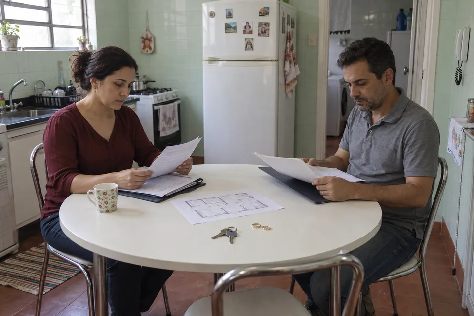 Cena ilustrativa de um casal organizando documentos e bens durante a separação.
