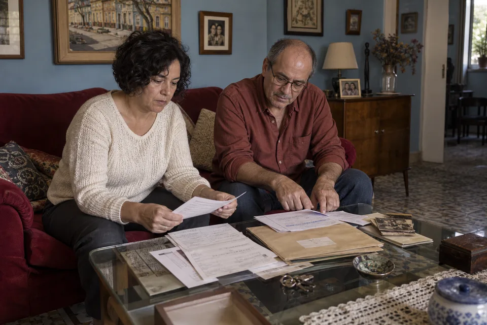 Cena ilustrativa de irmãos organizando documentos e chaves do patrimônio familiar.